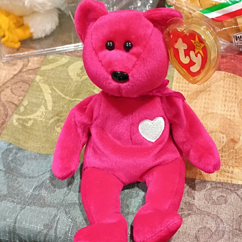 Ty Fuchsia Bear Plush with Heart Valentina